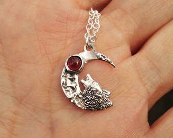 Garnet moon and wolf necklace, sterling silver jewelry, delicate necklaces