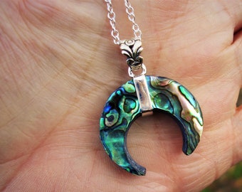 Abalone necklace, 925 silver jewelry, crescent moon pendant