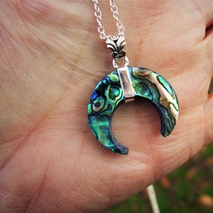 Abalone necklace, 925 sterling silver jewelry, crescent moon pendant
