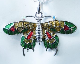 Gold and green enamel large butterfly necklace