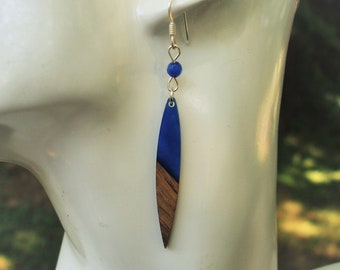 Blue sapphire and walnut wood earrings, resin spike earring