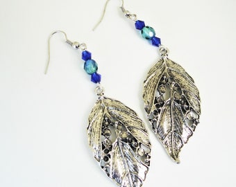 Leaf earrings in silver with blue and teal beading