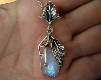 Moonstone teardrop pendant, leaf sterling silver necklaces