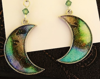 Crescent moon earrings in watercolor brown, purple, green, and turquoise