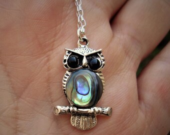 Abalone owl necklace, sterling silver jewelry, gift ideas for her