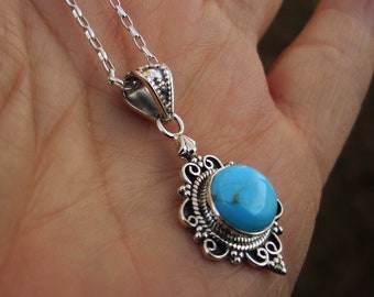 Blue turquoise sterling silver necklace, gift ideas for birthday