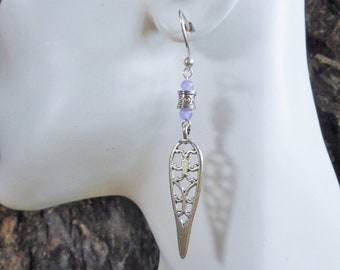 Light purple jade earrings, long filigree silver earring, purple and silver jewelry
