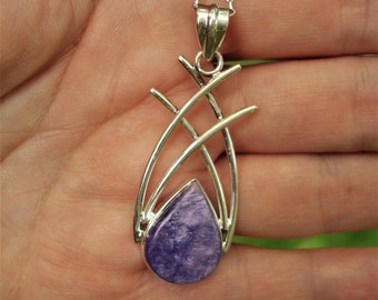 Purple charoite teardrop necklace, sterling silver jewelry, gift ideas for her