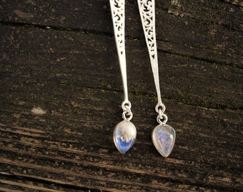 Long moonstone teardrop sterling silver earrings