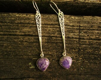 Long purple charoite wide teardrop sterling silver earrings