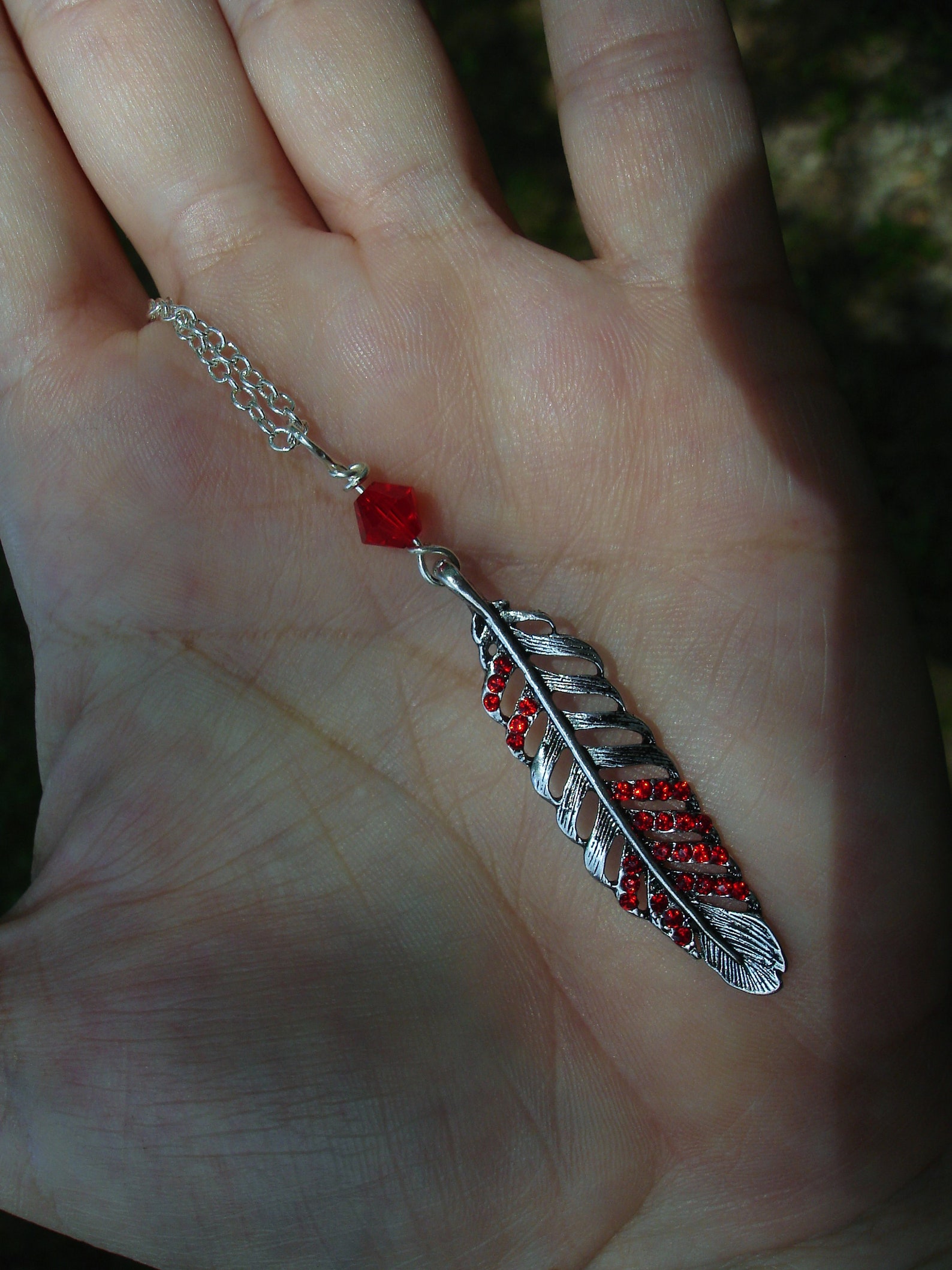 Red feather necklace gift ideas for birthday silver pendant Etsy