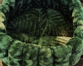 Woodland green leaf pet bed, handmade small dog bedding, cat cushion