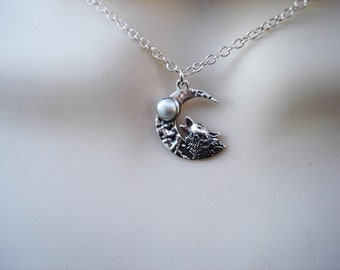 Pearl moon and wolf necklace, sterling silver jewelry, delicate necklaces