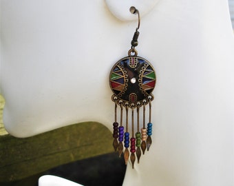 Black and multi colored shield earrings, bronze shield earring, tribal style jewelry