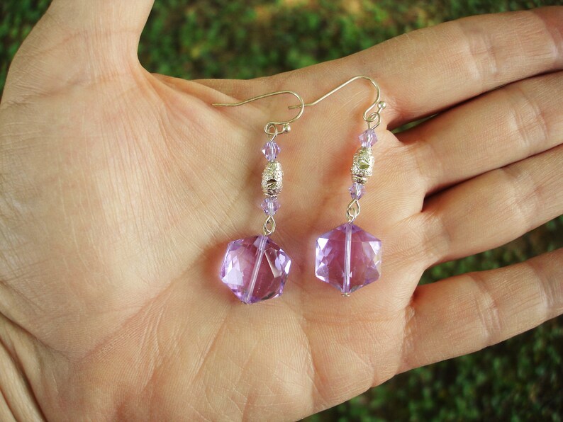 silver jewelry Purple hexagon earrings
