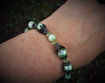 Mint green and gunmetal bracelet, pearl bracelets, renaissance jewelry