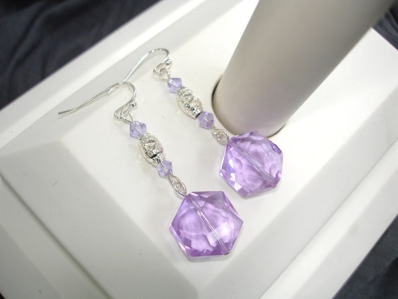 silver jewelry Purple hexagon earrings