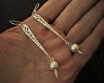 Long pearl teardrop sterling silver earrings