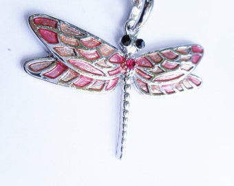 Pink and silver dragonfly necklace, enamel pendant, gift ideas