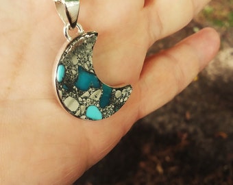 Blue turquoise and golden pyrite crescent moon pendant necklace in sterling silver