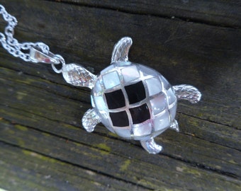 Sterling silver turtle necklace, onyx and mother of pearl pendant, gift ideas for birthday