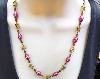 Raspberry purple necklace with raspberry wine oval pearls and antiqued gold accents