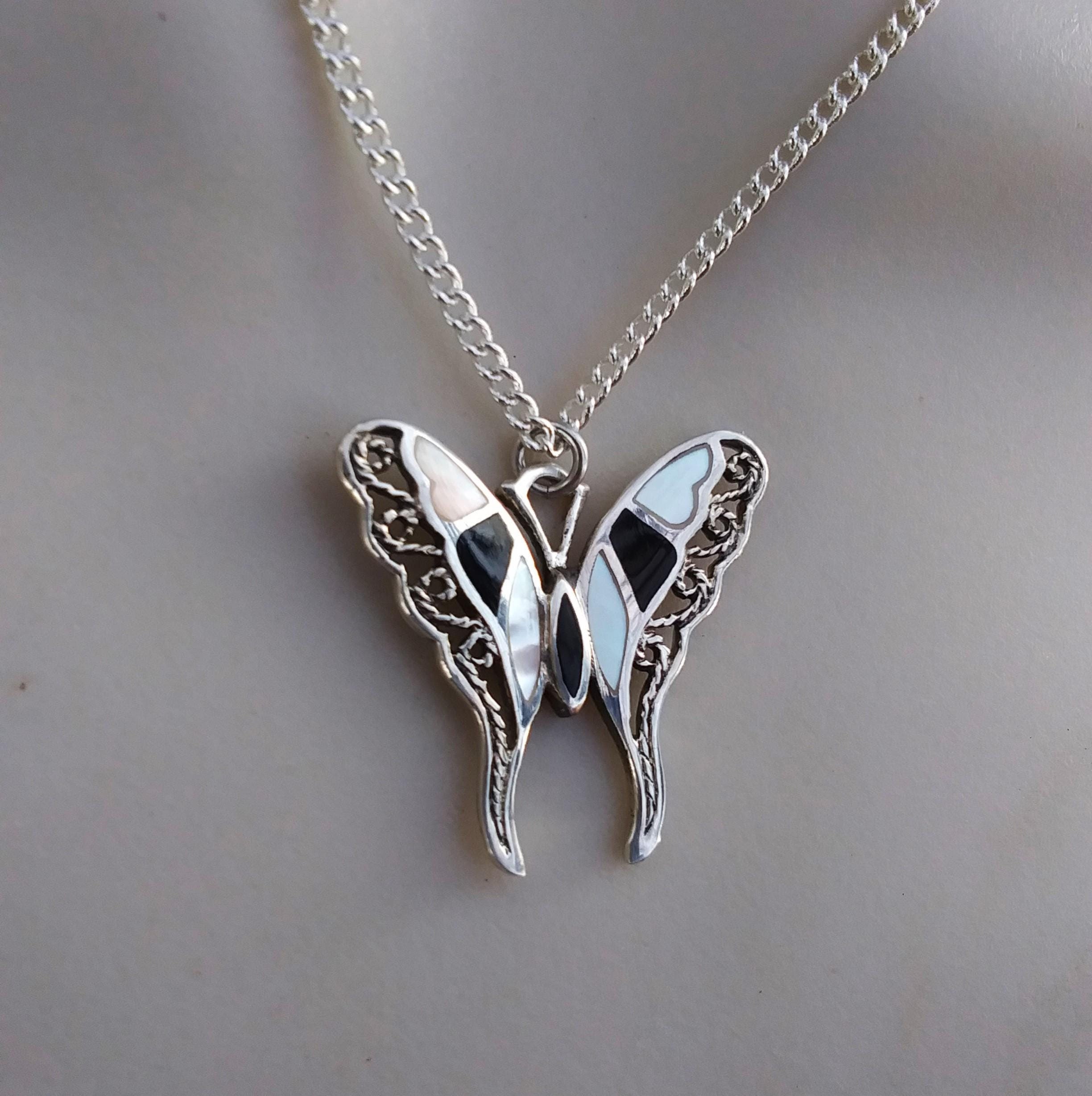 Black onyx and pearl inlaid small sterling silver butterfly necklace