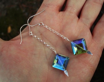 Green, purple blue green aurora crystal 925 sterling silver long earrings