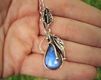 Labradorite necklace, sterling leaf jewelry, gift ideas for her