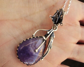 Amethyst teardrop leaf necklace, purple stone pendant, gift ideas for her