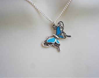 Turquoise sterling silver butterfly necklace, delicate pendant for birthday gift