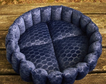 Navy embossed micro plush round pet bed, machine washable small dog bed