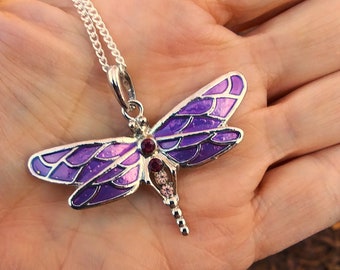 Purple enamel dragonfly necklace in silver tone