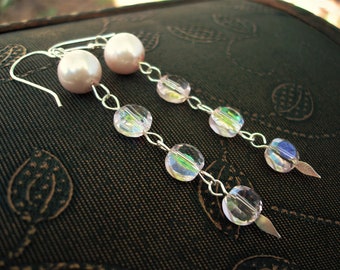 Long sterling silver pale pink earrings, pearl earring