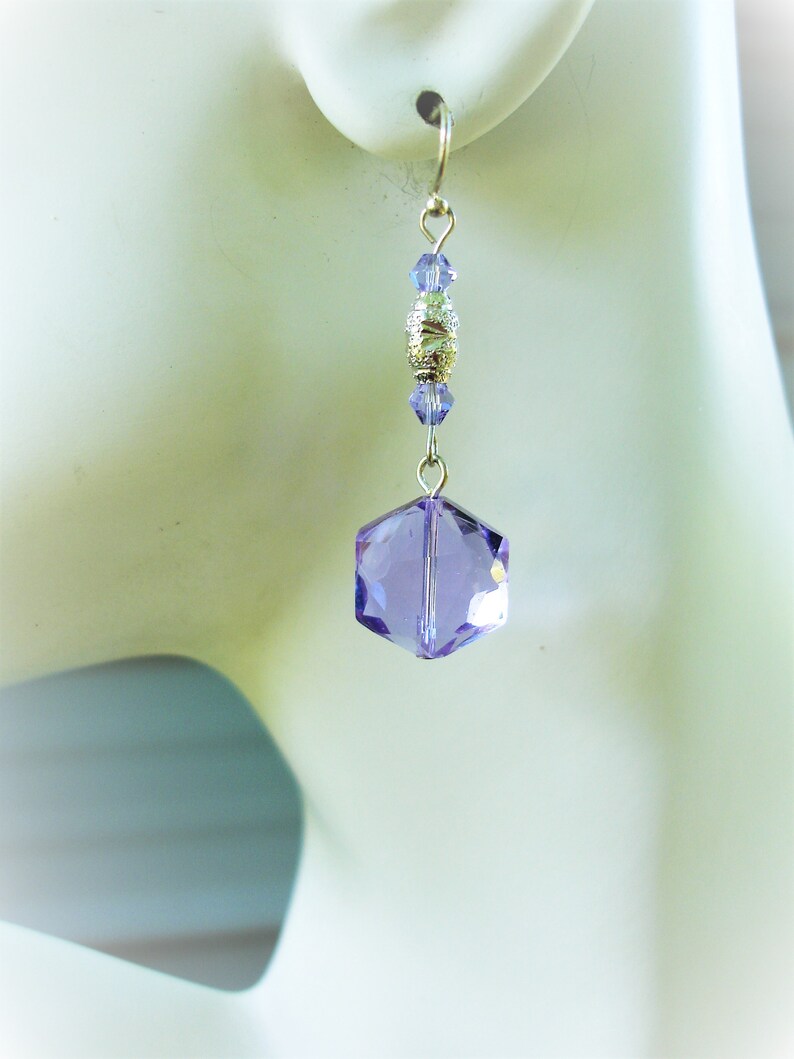 silver jewelry Purple hexagon earrings
