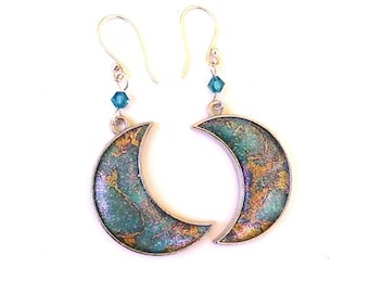 Crescent moon earrings in iridescent blue and beige