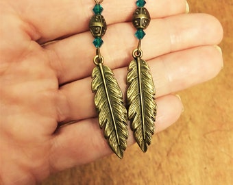 Bronze feather earrings with indicolite blue Swarovski crystals