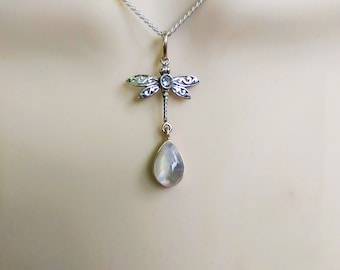 Moonstone and blue topaz dragonfly necklace, gift ideas for her,