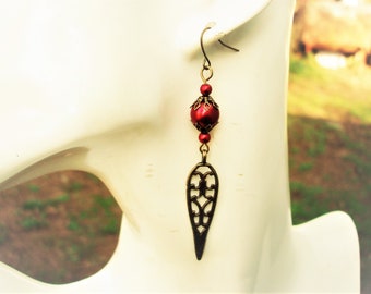 Red pearl earrings, long filigree earring, red and bronze jewelry