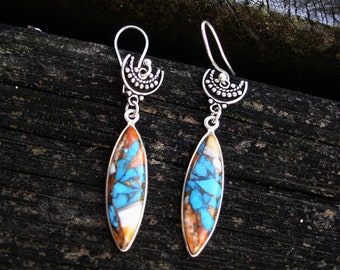 Turquoise and spiny shell moon earrings in sterling silver