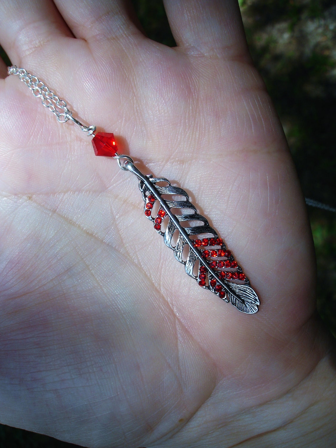 Red feather necklace gift ideas for birthday silver pendant Etsy