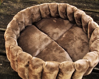 Light brown pet bed, taupe small dog beds, round washable cat bedding