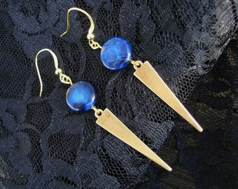 Blue jasper earrings, long antiqued gold triangle spike earrings