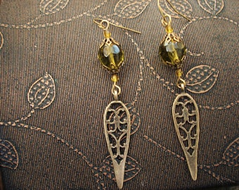 Olive green earrings, long filigree bronze teardrop earring