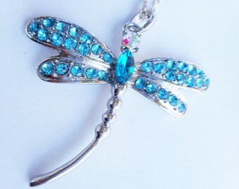 Aqua Blue and silver dragonfly necklace, large dragonfly pendant, gift ideas