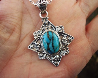 Blue and copper turquoise pendant in sterling silver