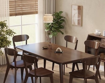 Mesa de comedor moderna y orgánica, madera maciza de nogal oscuro, mesa de cocina para apartamento pequeño, muebles minimalistas.