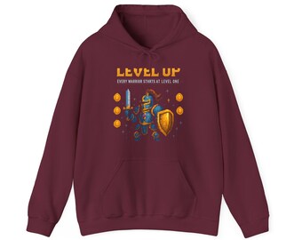Camiseta Level Up Pixel Art Knight, regalo retro para gamers de juegos de rol, sudadera con capucha para gamers, camiseta/sudadera con cita motivacional de guerrero