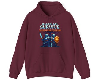 Alone We Survive Together We Conquer | Pixel Art Knights Gaming Hoodie | Retro RPG Friendship | Hoodie