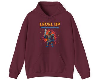 Level Up Pixel Art Warrior T-Shirt Retro Gaming Motivational Gamer Hoodie Hero Gift RPG Fantasy Tee | Hoodie